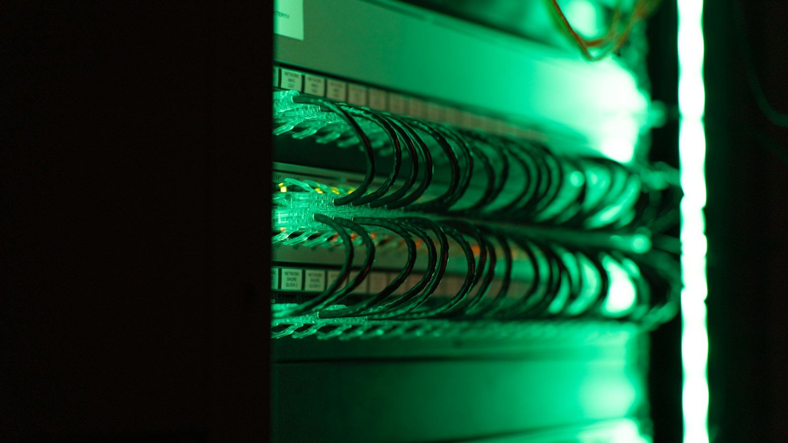 Close-up of servers in a data center rack